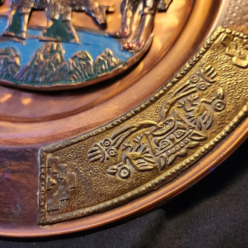 Vintage Peru Copper Metal Decorative Plate Handpainted